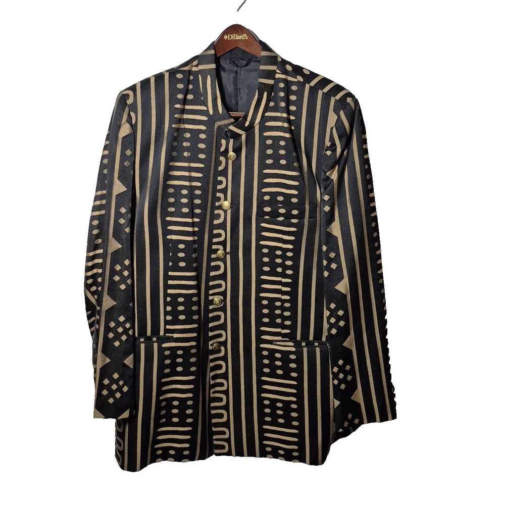 Ashro Jacket Pants Set Mens 42 Black Tan Mudcloth Print 2 Piece‎ Suit Geometric
